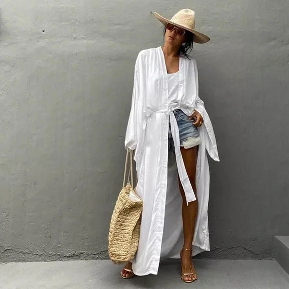 PreWashed Cotton Maxi Duster Kimono, Oversized Beach Coverup W/Sash Tie NWT - Picture 4 of 6